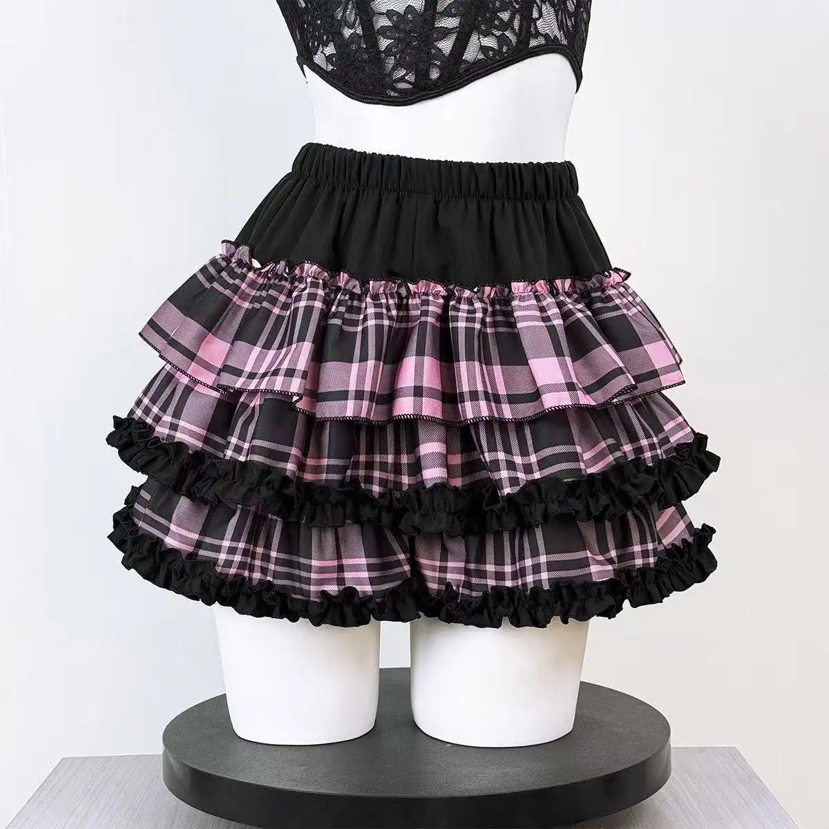 Y2K Vintage Lolita Prinzessinnenrock Damen Japanischer Süßer Spitzen-Rüschenrock mit Hoher Taille A-Linie Tüll-Minirock Streetwear