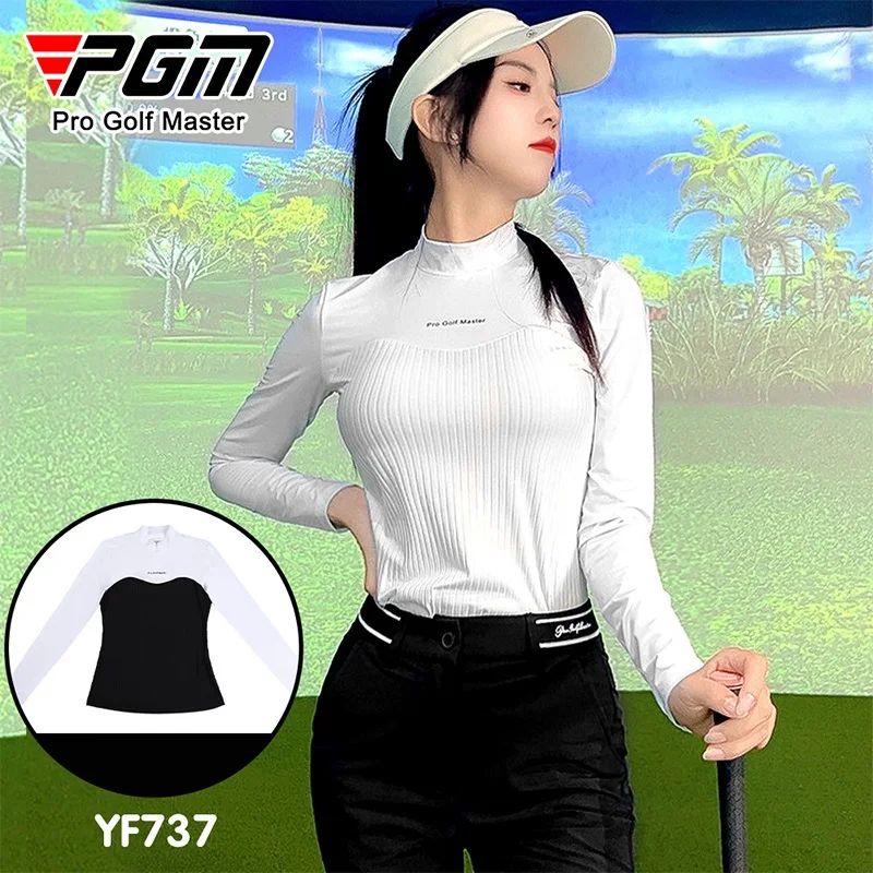 PGM Golf Clothing Women Long Sleeved T-shirt Spring Autumn High Neck Golf Top Patchwork Comfortable Casual Shirts Breathable