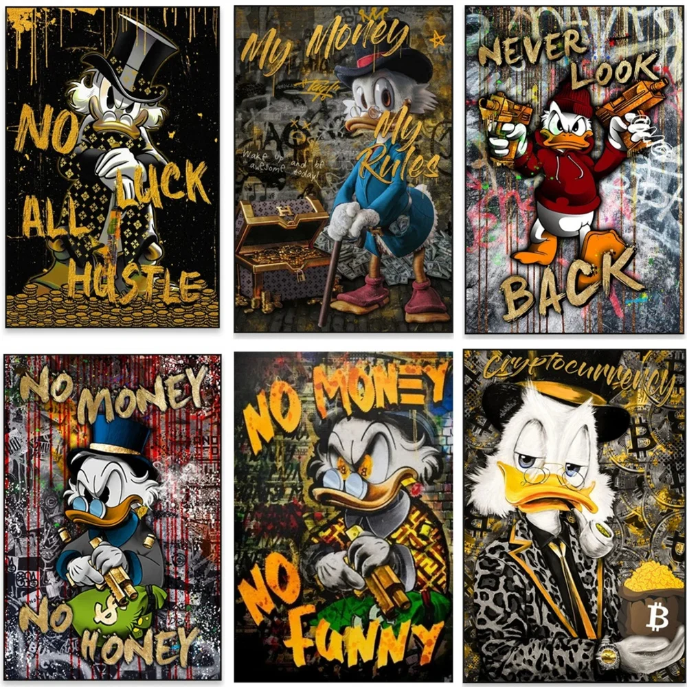 Disney Graffiti art No Money No Funny Donald Duck Poster Cartoon Canvas Painting Abstract Wall Art Print anime figure decor