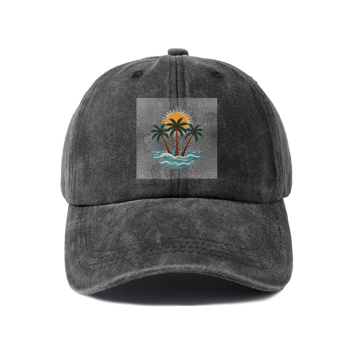 Tropical Palm Square Graphic Baseball Cap, Vintage Washed Adjustable Unisex Dad Hat, Streetwear Gift