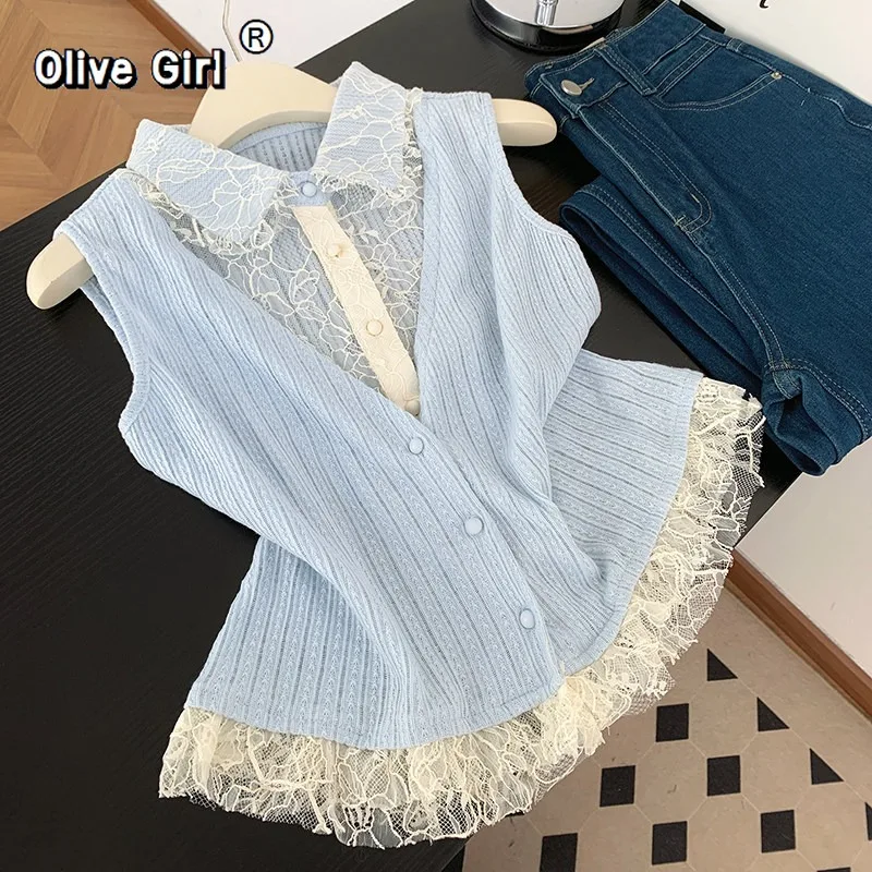 

Футболка Olivegirl Hotsweet с эффектом двухслойности и кружевной отделкой, женская одежда, летняя мода, элегантный топ без рукавов с высоким воротом