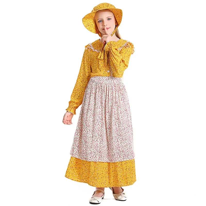 Children Yellow Colonial Girl Prairie Pioneer Dress Pastoral Dress