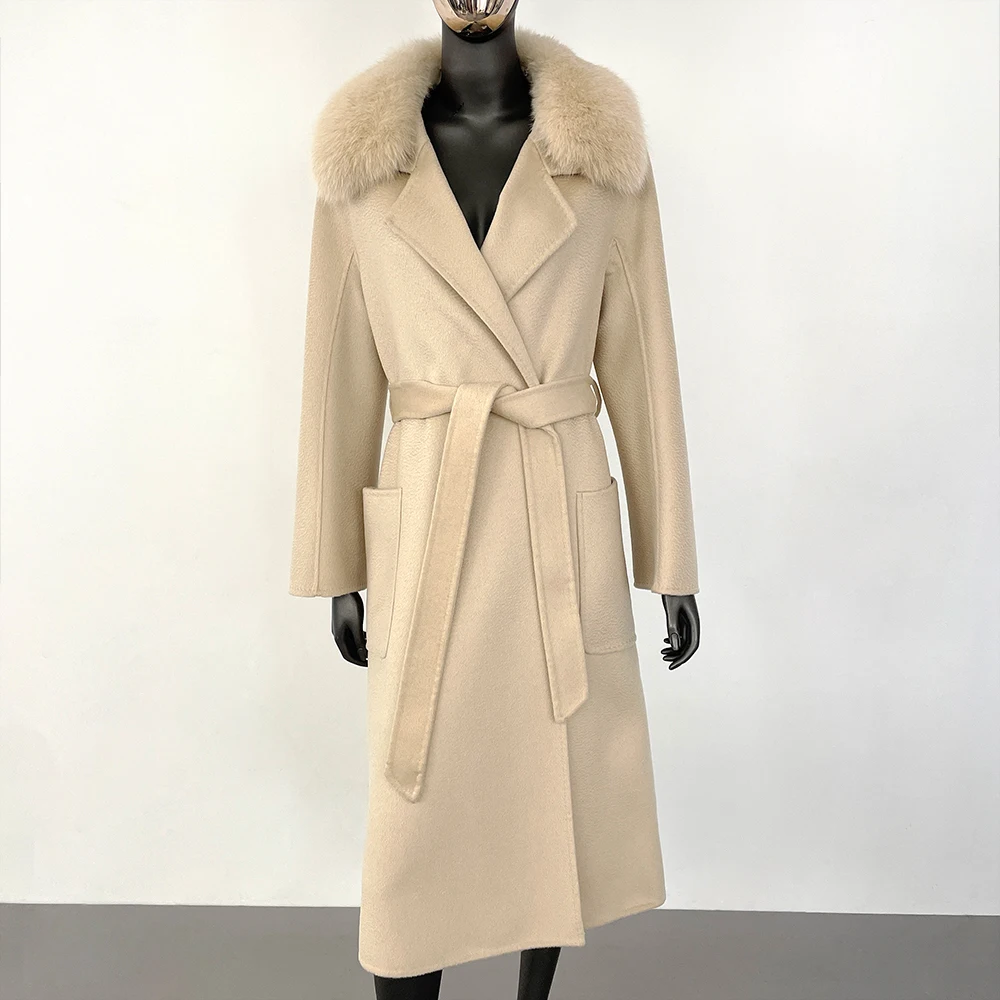 Wool Coat Woolen Ladies Fox Fur Collar Real Fur Coat Winter Jacket Clothes for Women High Street Natural Fur Jacket 2024 New