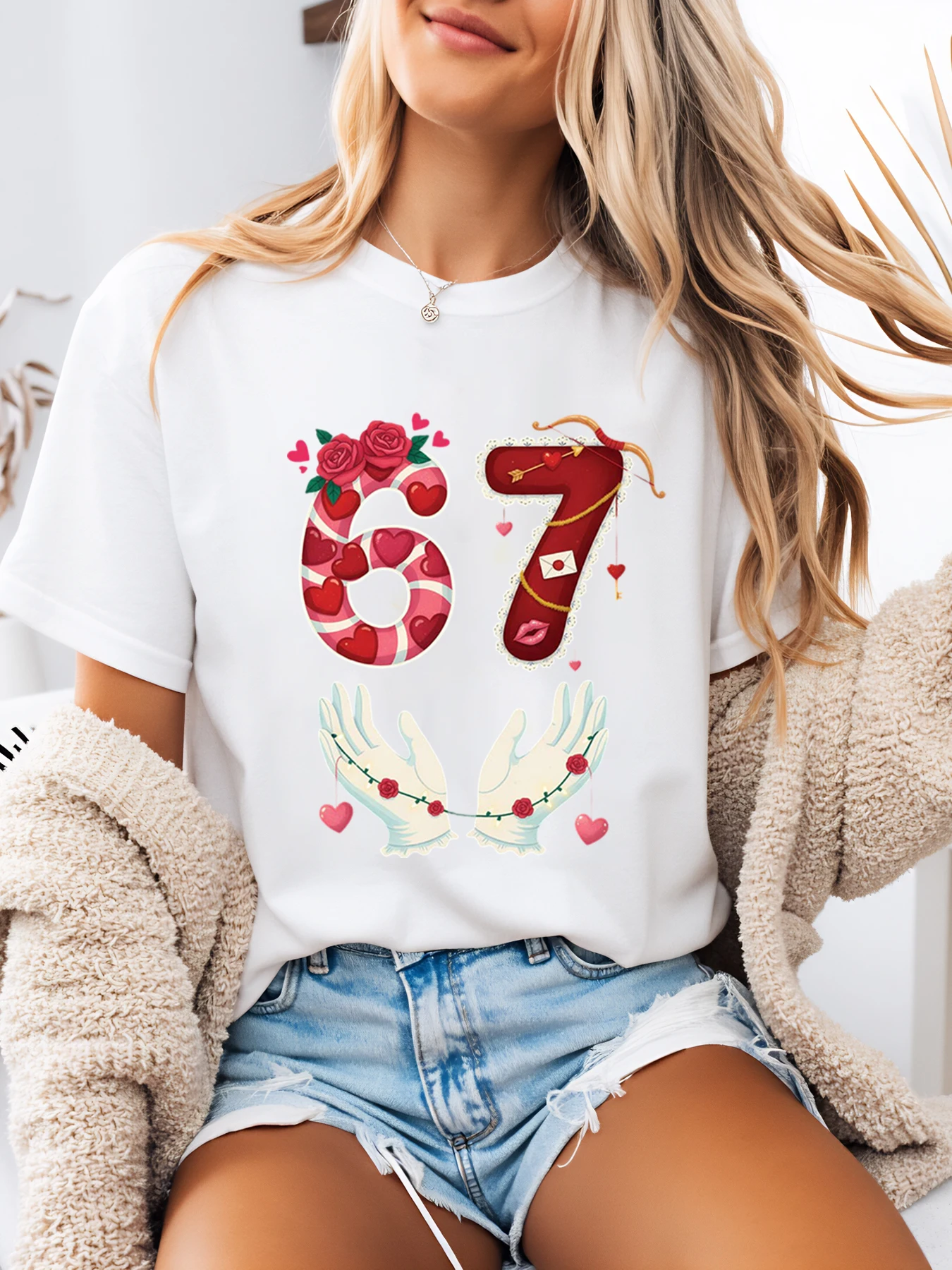 67-Valentinstag-T-Shirt mit Rosen- und Herz-Aufdruck für Damen, Freizeitkleidung für Party, Weiß, Übergröße