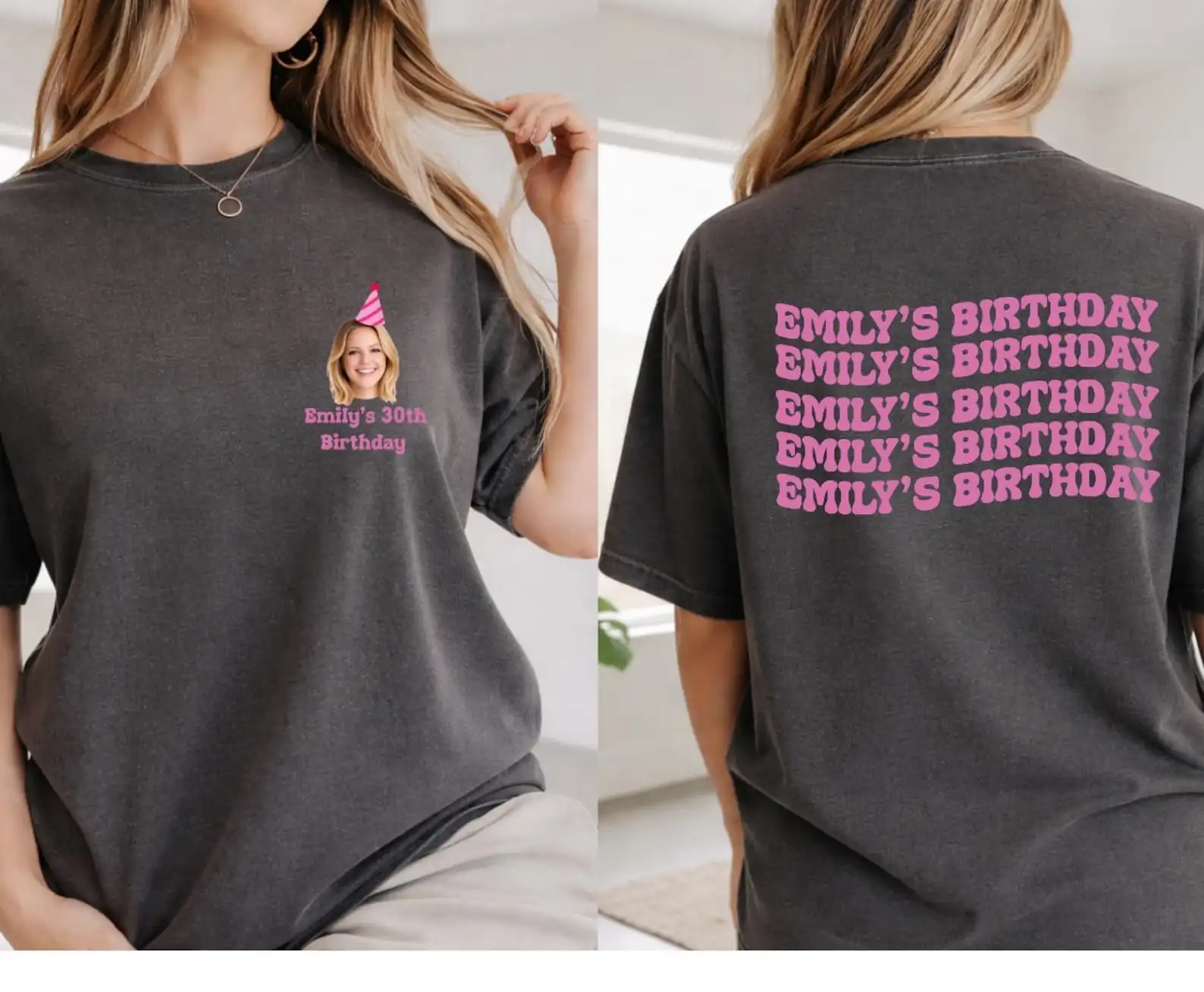 Women Customized Photo Face Birthday Shirt Short Sleeve Solid Color Cotton Loose Tee for Personalized Party Birthday Presents