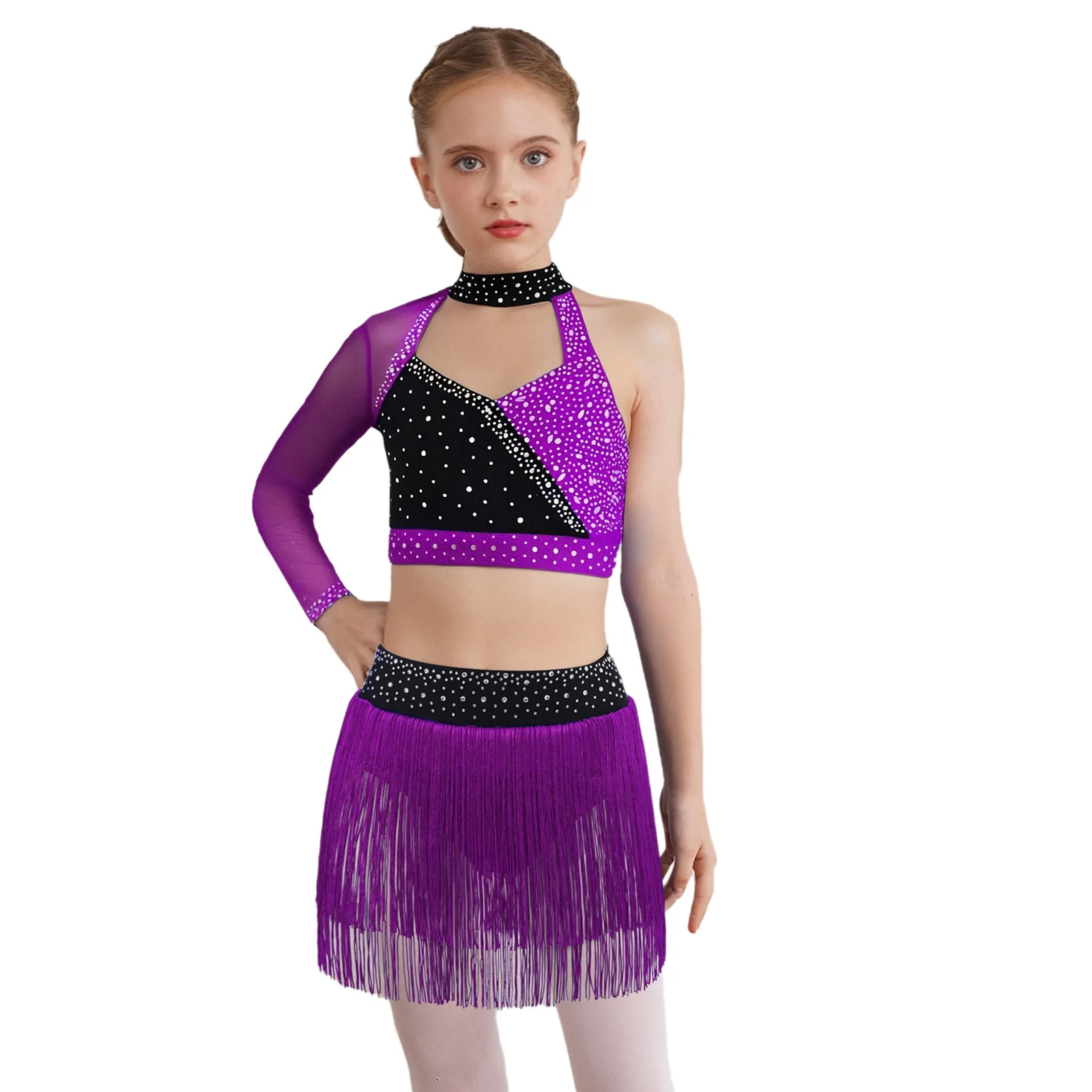 

Girls Stage Latin Competition Dance Outfits Lyrical Crop Tops with Fringe Mini Skirts for Cha-cha Samba Rumba Performance Wear