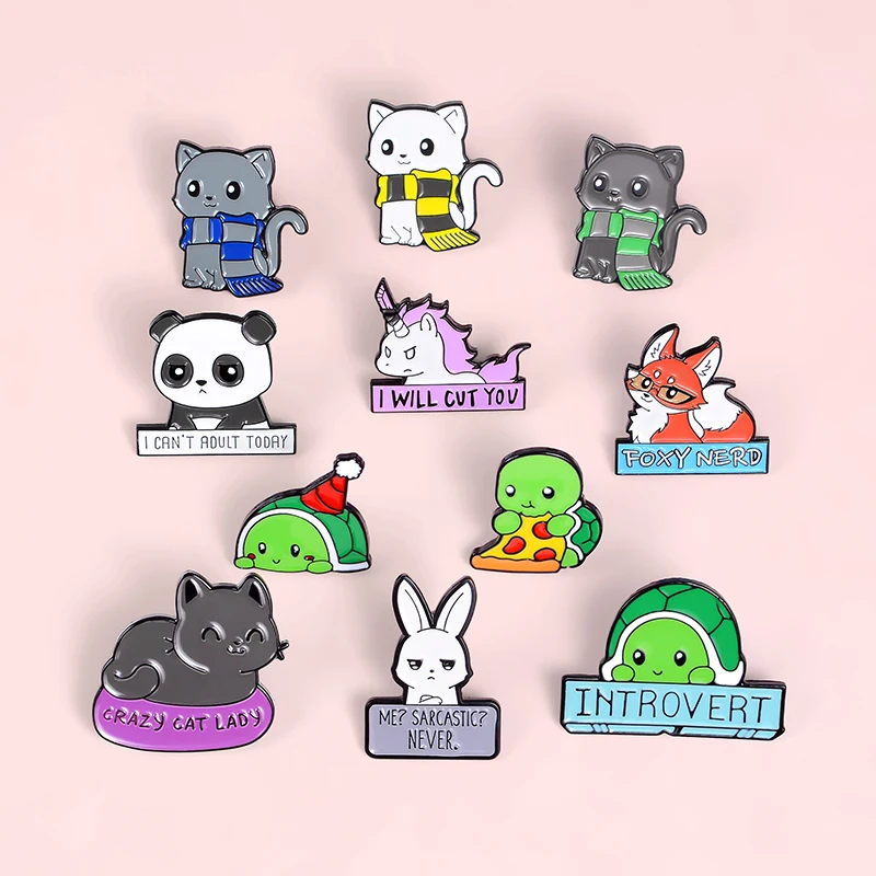 Cartoon Animal Enamel Pins Custom Panda Cat Turtle Fox Rabbit Brooches Bag Clothes Lapel Pin Badges Funny Zoo Jewelry