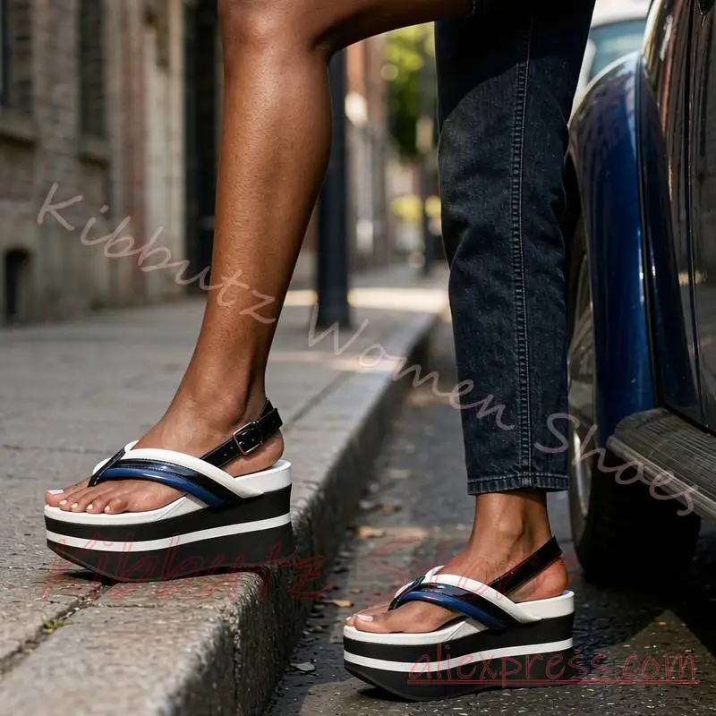 Sandals Platform Flip Flop Buckle Strap Chunky Heel Punk Goth Women Leather Mixed Color Round Toe Fashion Elegant Elegant Sexy