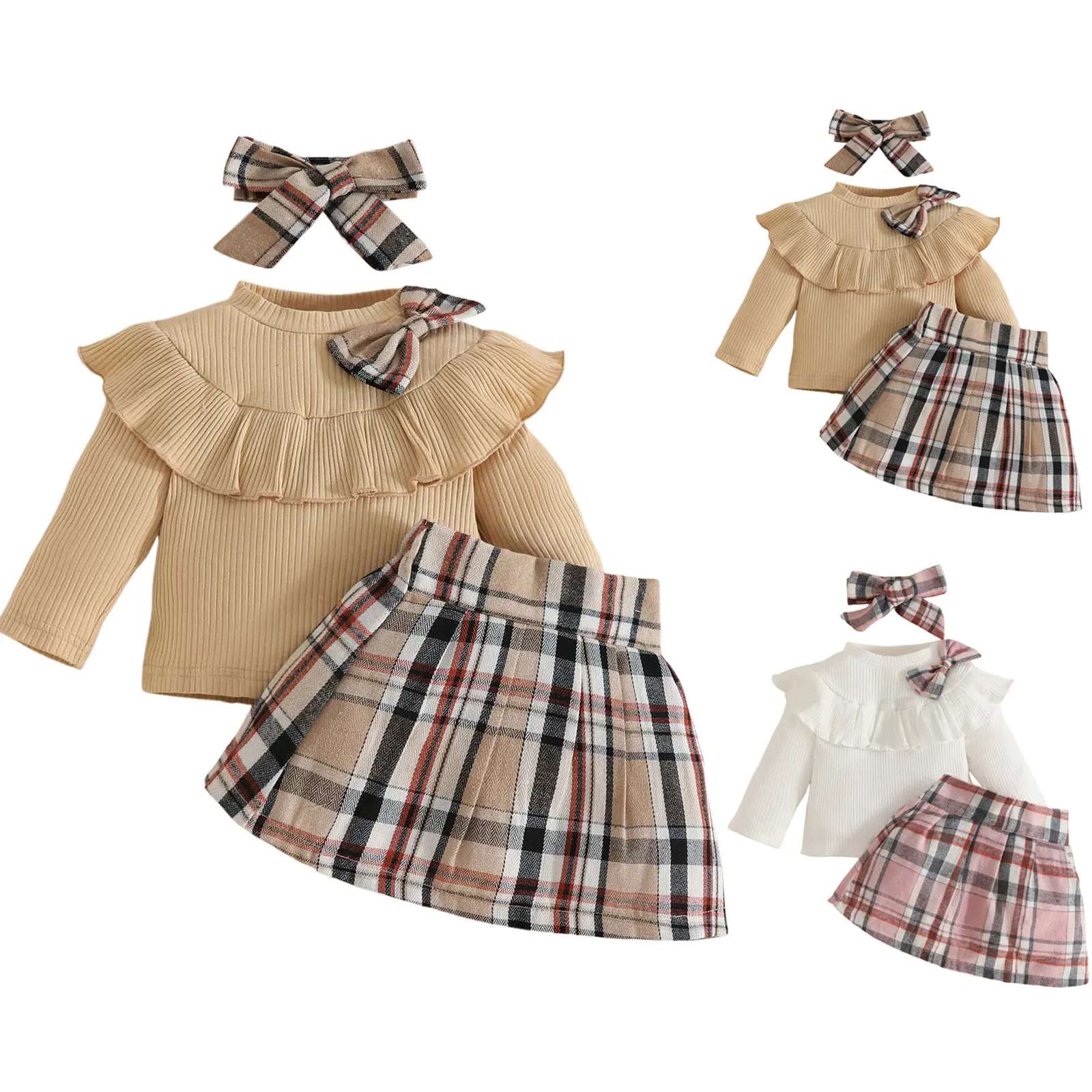 

Baby Girls Autumn Winter Outfit Set Ruffled Bow Ribbed Long-sleeve Top Classic Plaid A line Skirt Hairband Set Three Piece Sets