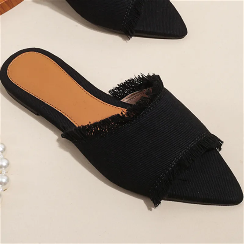 Shoes Slippers Flat Luxury Slides Low Slipers Women Designer 2024 Fashion Cotton Fabric PU Hoof Heels Rubber Sewing Shoes Woman