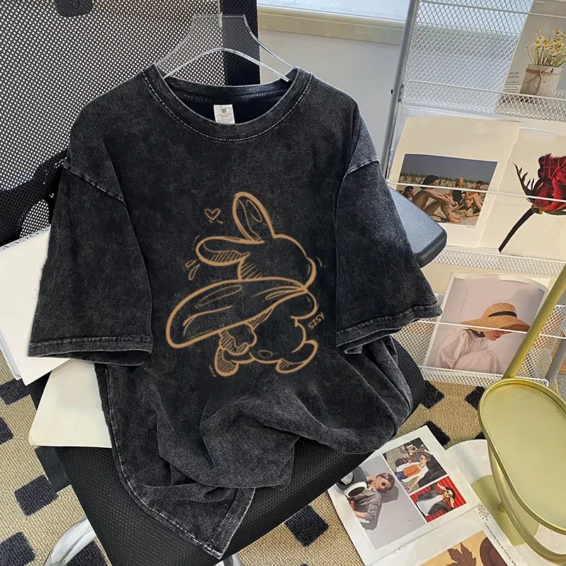 النمط الأمريكي الرجعية إلكتروني طباعة المرأة تي شيرت 2025 جديد الصيف العصرية غسل-أسود قمة Harajuku وسيم الشارع الشهير المحملة القمم #5