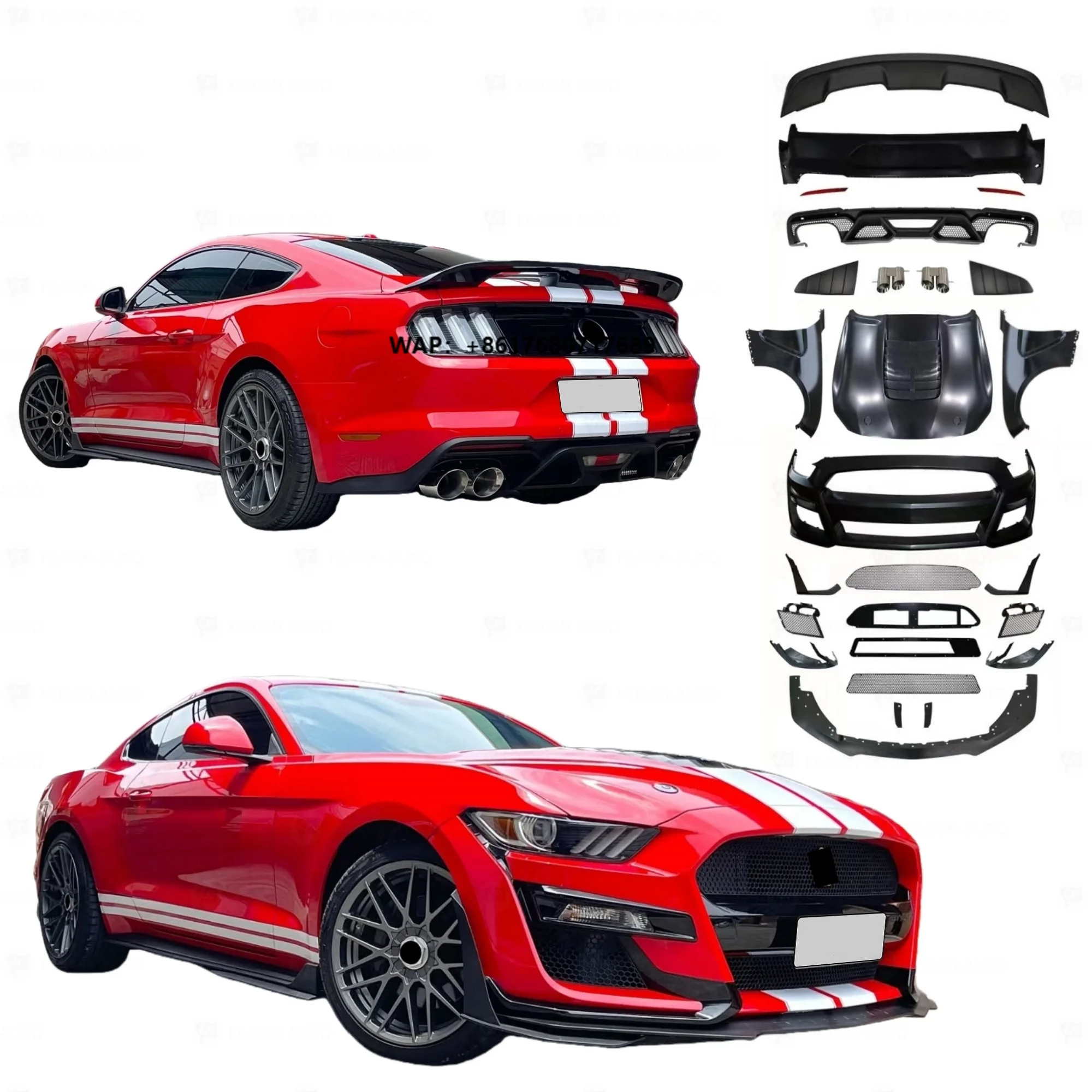 Body Kits Car Bumpers for Mustang 2015-2023 Upgrade Shelby GT500 Look Include Hood Fender Bumpers Rear Diffuser Tail Pipes
