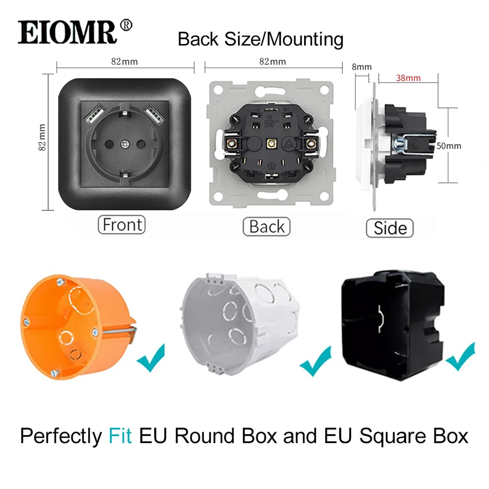 EIOMR Type C USB Charge Socket,Flame Retardant PC Panel,EU Standard Wall USB Power Outlet with Iron Claw Suitable for Round Box