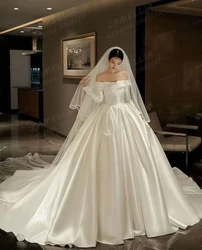 Luxury A Line Wedding Dresses Women's Sexy Off Shoulder Bridal Gowns Formal Long Sleeve Elegant Pleat Satin Vestidos Customized