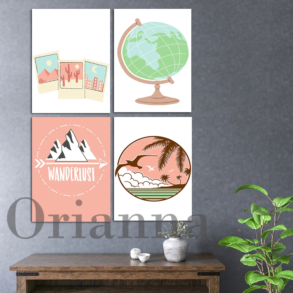 Adventure Globe Beach Coconut Seagulls Boho Retro Travel  Wall Art Canvas Prints Posters Home Decor Painting Travel Lover Gift