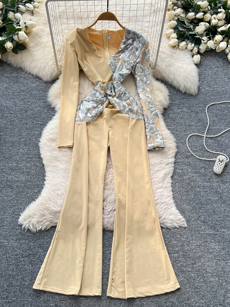 

Ele Long Sve Onesie Pants High Waist Flared Legs V Ne iny Sequins Women's Luxury Lady Commute Straight Cut Summer