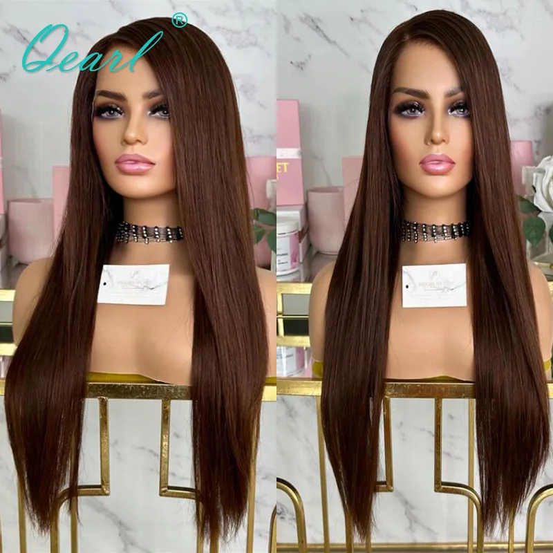 

Pre Plucked Natural Human Hair Wig Medium Chocolate Brown Straight Wigs Human Hair 360 Lace Frontal Wigs for Lady Girl Qearl