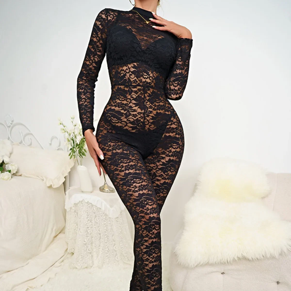 Summer Black Sexy Nightclub Mesh Jumpsuits Elegant Women\'s Overalls Lace Bodysuit Full Length Jumpstyle Pants One Piece Female