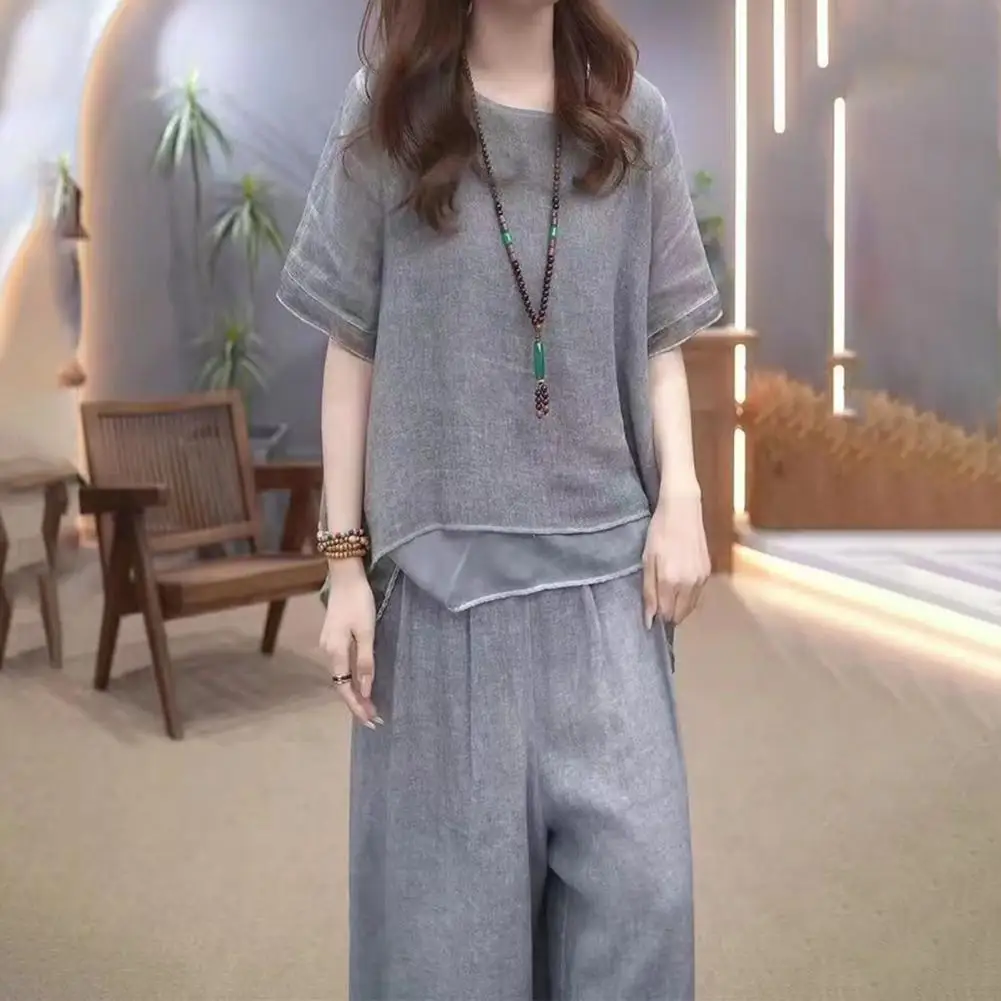 Fashion Solid Chiffon Suit For Women Casual Round Neck Bat Sleeves Sequin Top Wide Leg Pants Two Piece Set Summer New