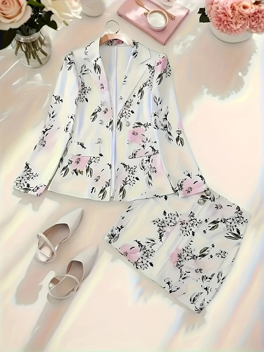 طقم بدلة كاجوال أنيقة بطبعة زهور، طقم مكون من قطعتين، بدلة مزدوجة الصدر بأكمام طويلة وتنورة ضيقة بالقلم الرصاص #4