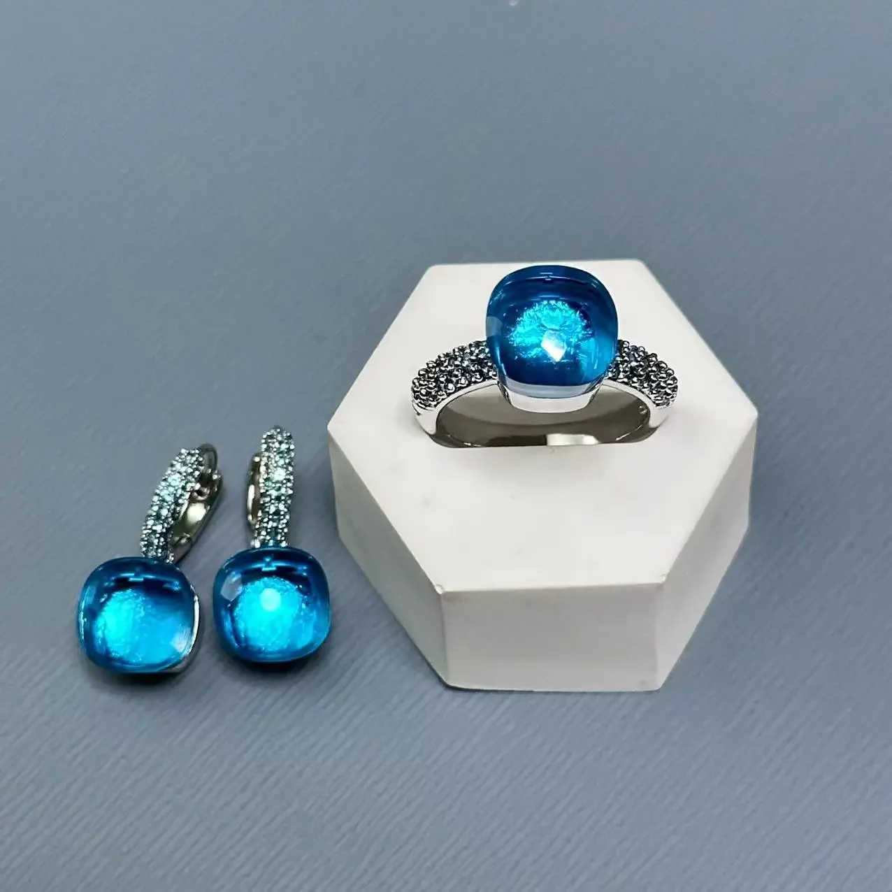 

10.6mm Nudo Ring & Earrings Set Inlay Blue Topaz Zircon Jewelry Set Candy Color Crystal Ring Set Fashion Jewelry Gift