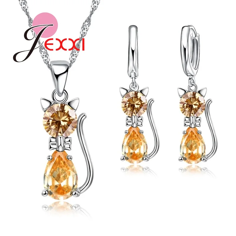 Women Jewellery Sets Genuine 925 Sterling Silver Cubic Zirconia Cat Cute Necklace Pendant+Leverback Earrings Hot Selling