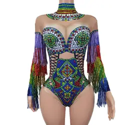 Sparkly Colorful Rhinestone Tassels Sleeves Jumpsuits Women Carnival Party Dance Costume Female Rompers Show One Piece Bodysuit