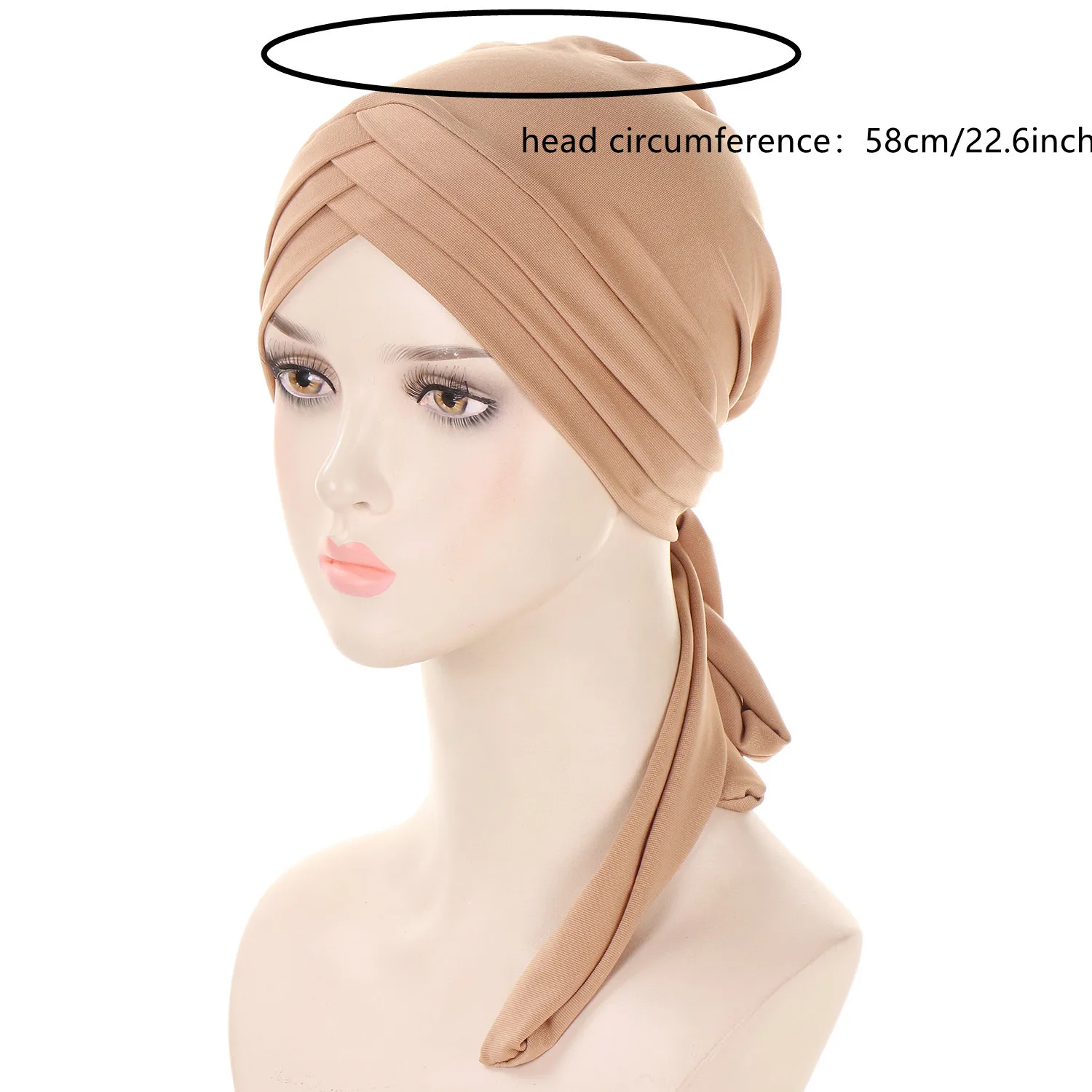 Solid Colored Triple Crossed Forehead Turban Hats Long Tail Tie Straps Hijab Hats Beanies Ramadan Chemo Cap For Women