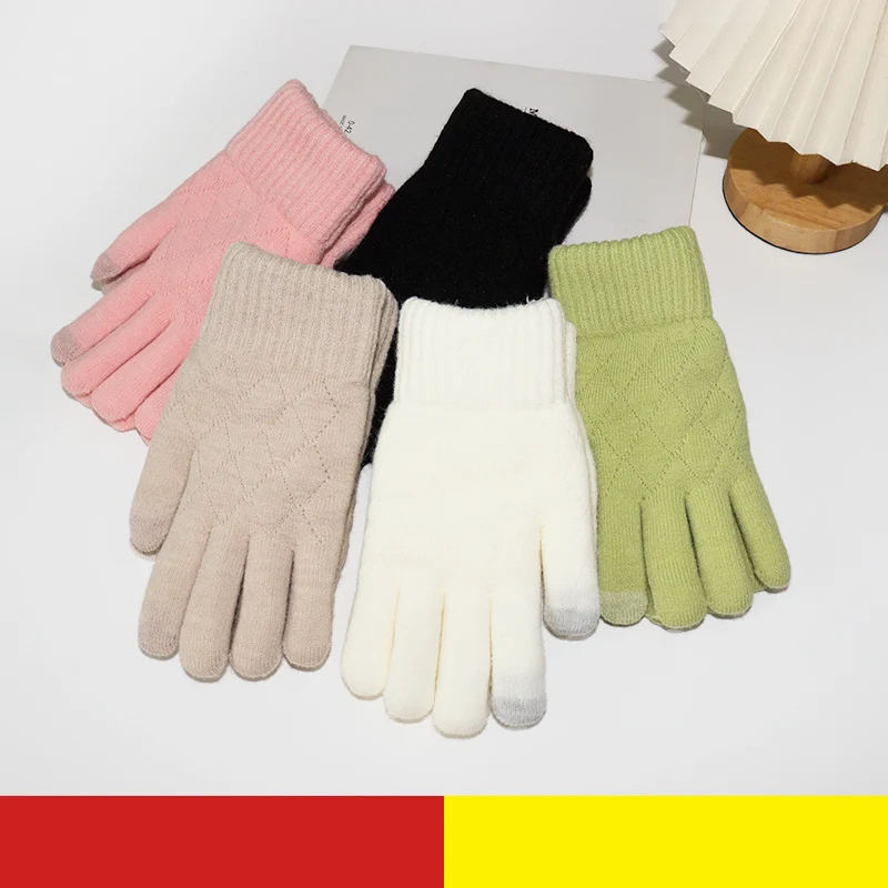 Touchscreen-Handschuhe, Winter, verdickt mit Fleece, warm und kältebeständig, geeignet für Studenten, die Mobiltelefone benutzen und Rad fahren, gestrickte Woll-Doppelschicht-Fünf-Finger-Handschuhe