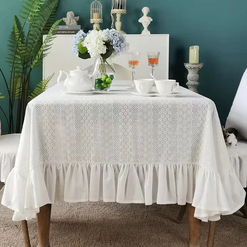 French Ruffle Cotton White Tablecloth, Tea Table Decoration, Rectangle Table Cover for Kitchen Wedding Dining Party Decor