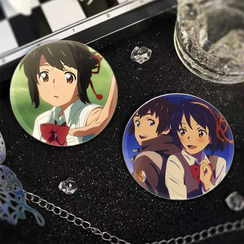 Hot Anime Character Tachibana Taki Miyamizu Mitsuha Cute Cartoon Badge Handmade Tinplate Brooches Round Display Brooches Gifts