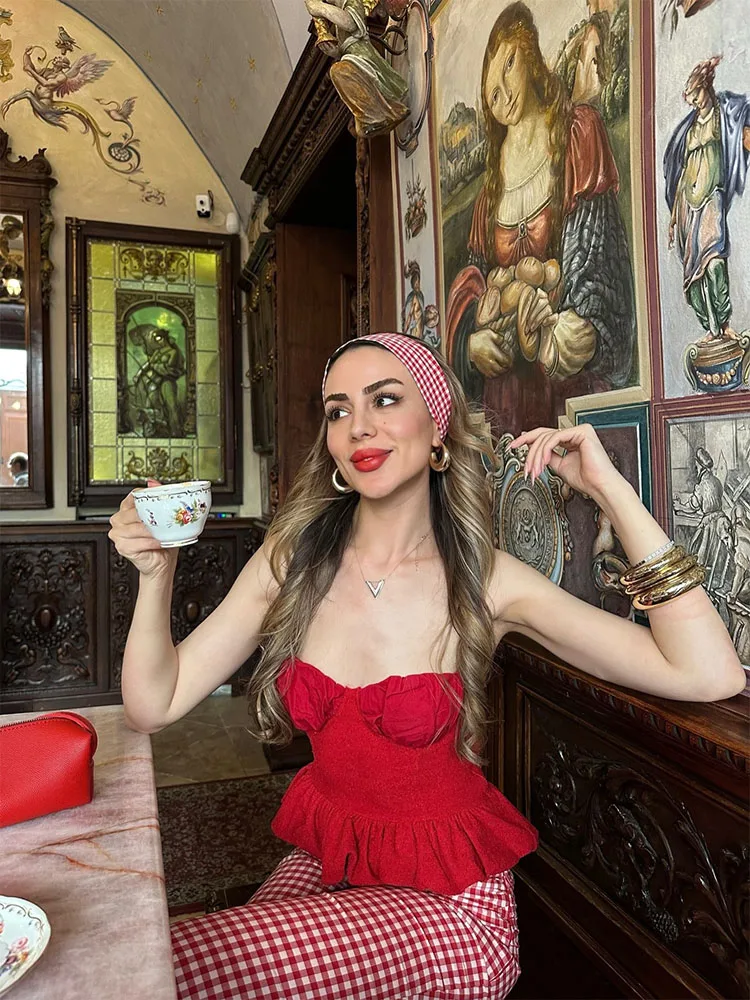 HH Women Summer Y2K Romantic Red Halter Cami Top Spring Padded Bust Ruffle Hem Peplum Slim Crop Top For Weekend Brunch Daily