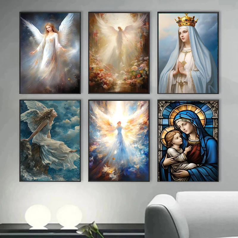 Catholic Mythology and Maria Wall Art Poster Beautiful Angel Canvas Print Devout Faith Drawing Living Room Bedroom Home Decor