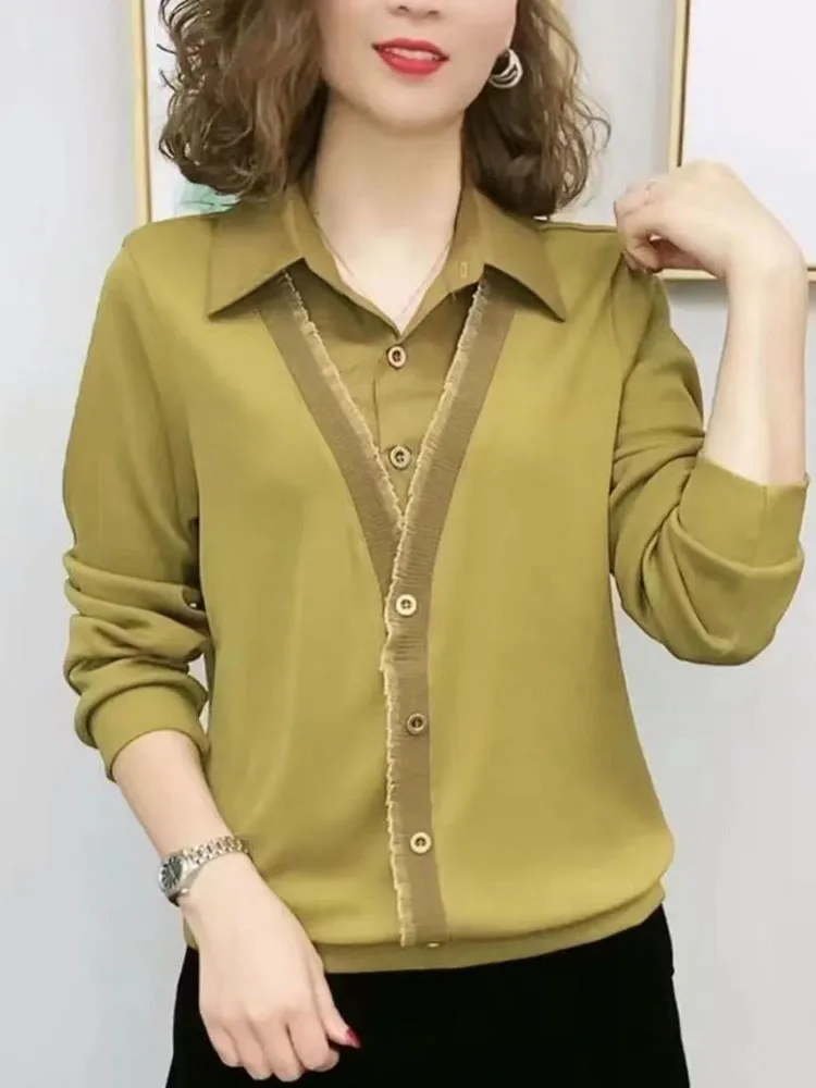 Faionable Casual Long Sve irt Women's Spring Autumn New Sle Splicing Design Mom Clothes Ele Sle  Collar Ca...