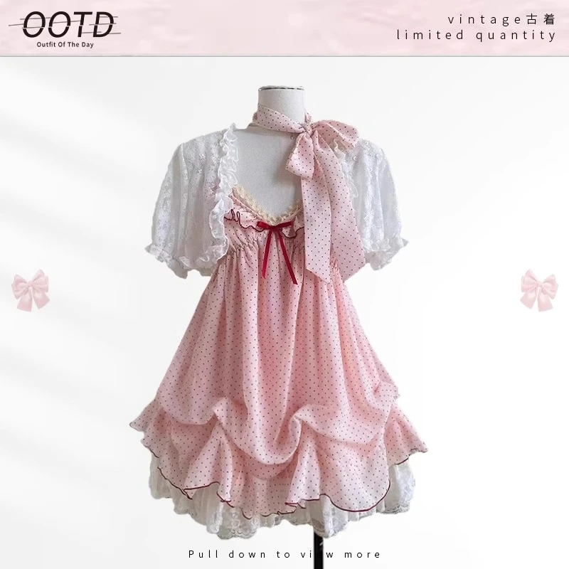 

Japanese Sweet 2-pieces Set Womens Cute Outfit Wave Point Ruffled Patchwork Sexy Slip Dress + Crop Lace Jacquard Cardigan New