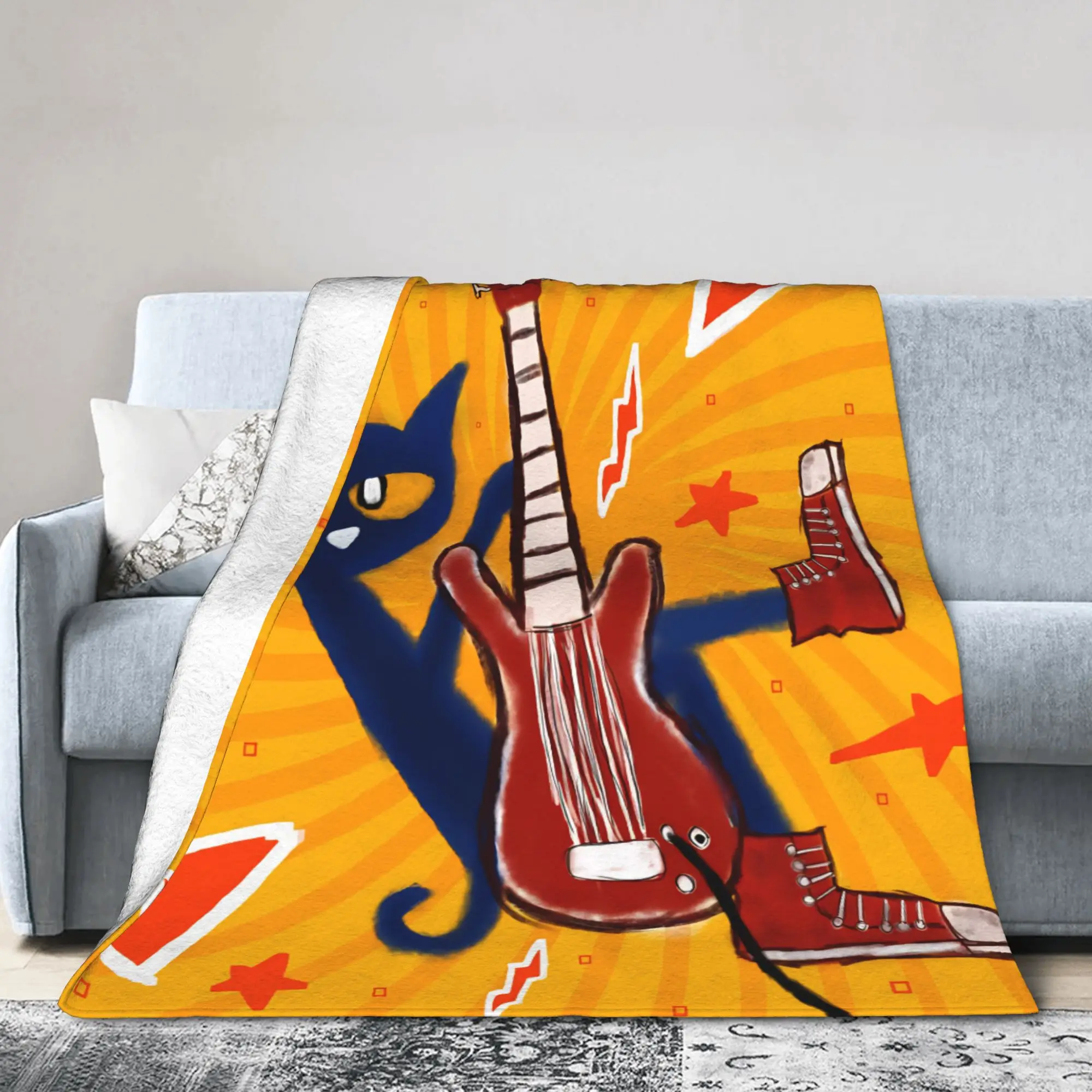 Pete The Cat Guitar Blanket Velvet Summer Air Conditioning   Multifunction Soft Throw Blankets for Bed Couch Bedding Throws