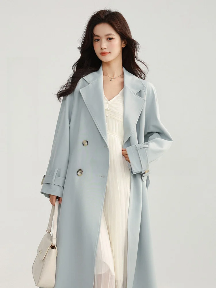 

Синий двубортный свободный повседневный женский плащ-ветровка для весны и осени, длинное пальто в британском стиле, тонкое, классического кроя