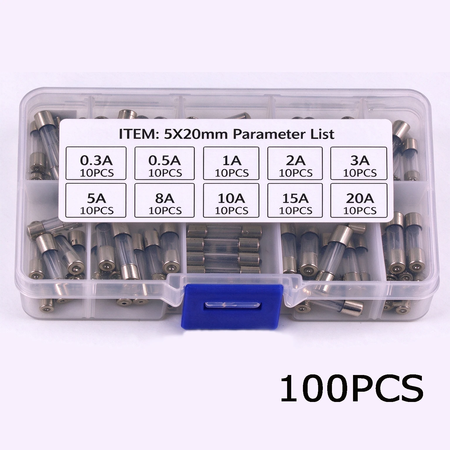 100-teiliges Set 5x20mm Schnellschmelz-Glasrohr-Sicherungen, Sortierte Kombinations-Kits, Schnellwirkende Glassicherungen 0,3A 0,5A 1A 2A 3A 5A 8A 10A 15A 2 – Detail 2