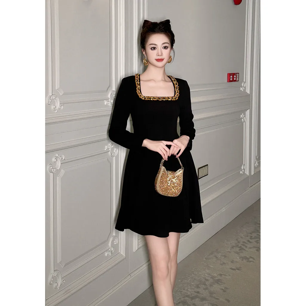 Spring new women's clothing heavy diamond square neck waist slim black long sleeve princess dress