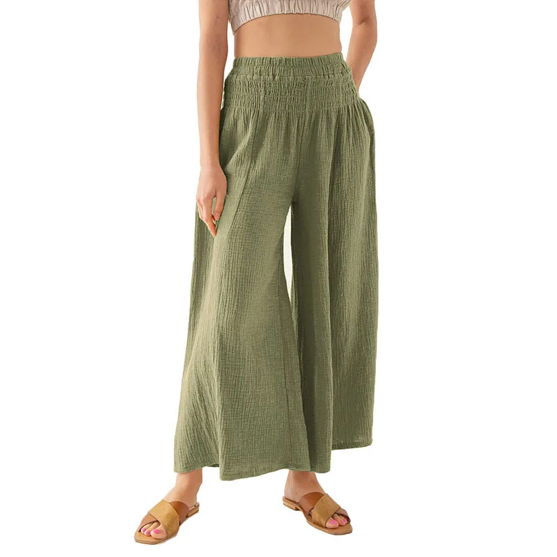 Johnature Summer Women Wide Leg Loose Pants 2024 New Casual Simple Elastic Waist Solid Color Ankle-lengt Female Pants