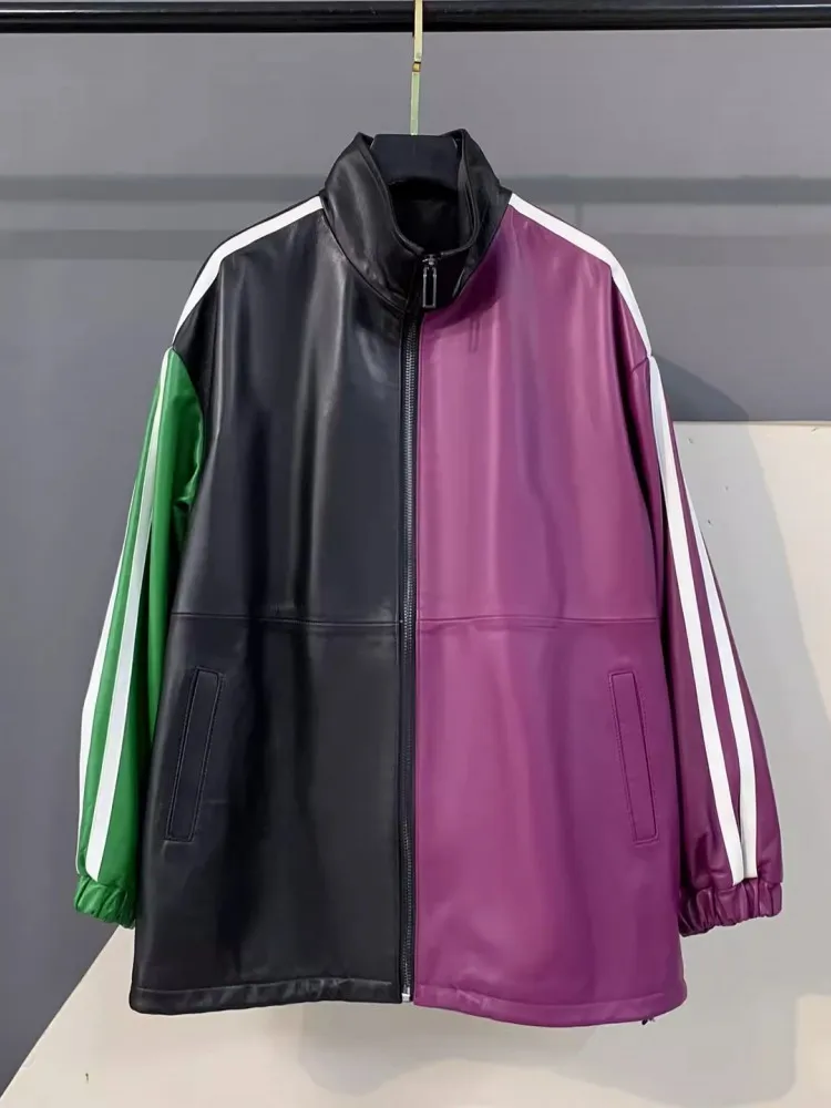 Autumn New Women Loose Fit Sheepskin Genuine Leather Jacket Side Striped Stand Collar Mid Long Coat Fashion Windbreaker Outwear