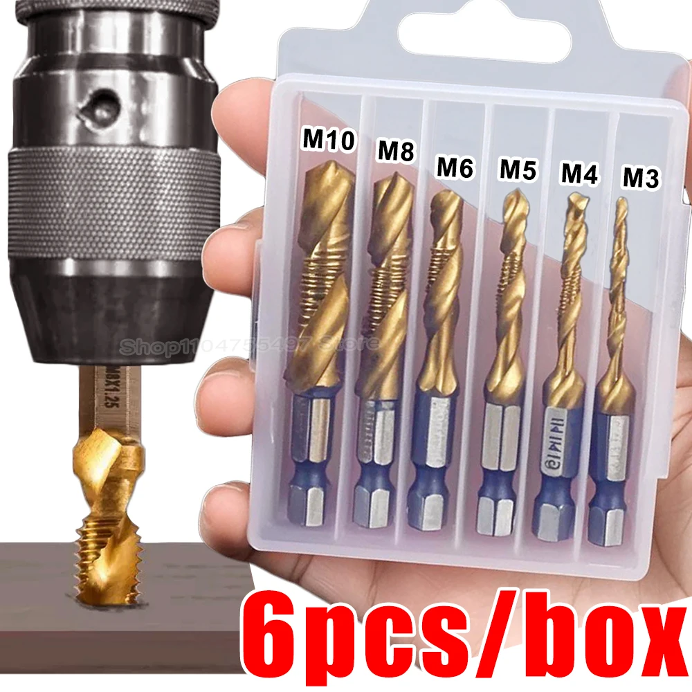 

HSS Drill and Tap Bit Set 6pcs High Speed Steel Titanium Plated Tapping Tool for Drilling Screw Tap for Metal Woodworking M3-M10