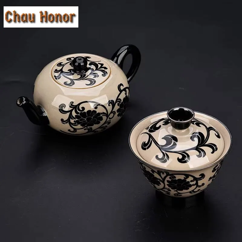 120ml Cizhou Porcelain Kiln Gaiwan  Antique Kung Fu Respecting Big Ceramic Three Talents Bowl Soaking Tea Pot Tea Brewing Kettle