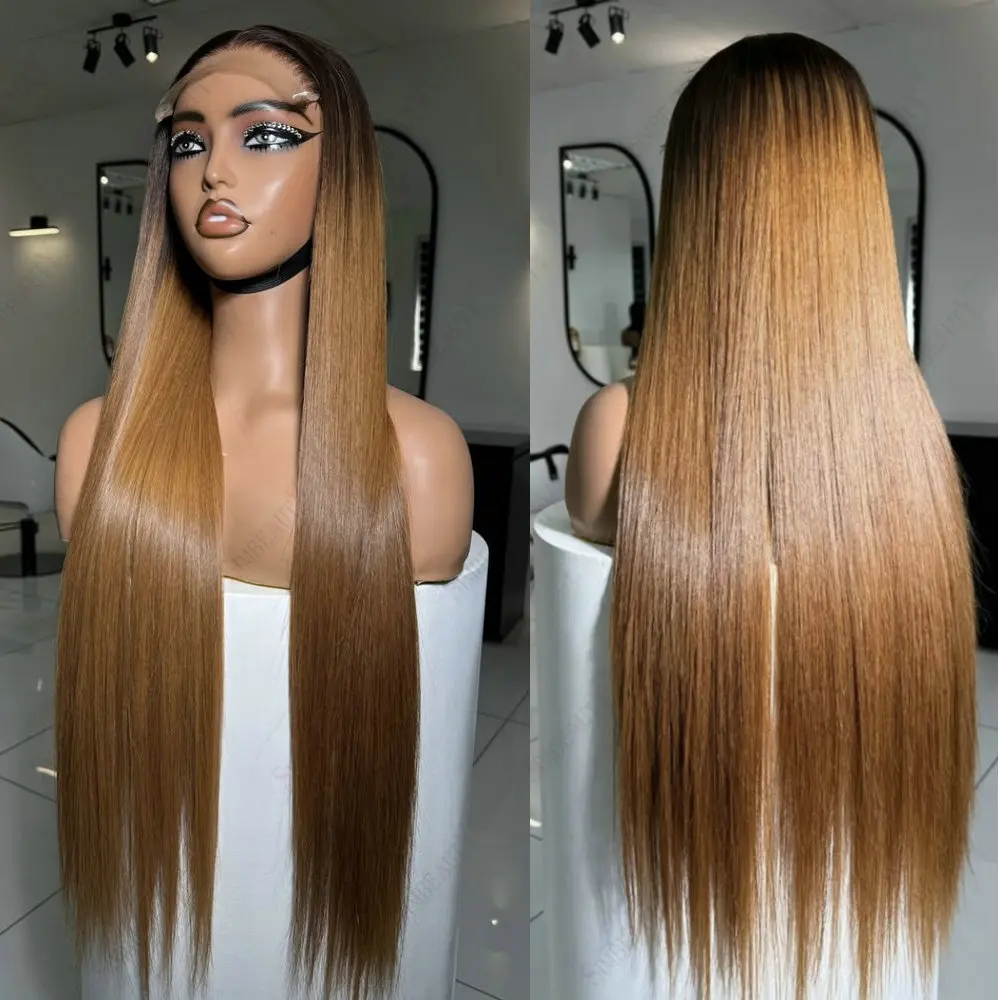 

Ombre Honey Blonde Long Silk Straight Remy Human Hair Dark Roots Glueless Perplucked 13x6 360 Lace Frontal Wigs with Baby Hair