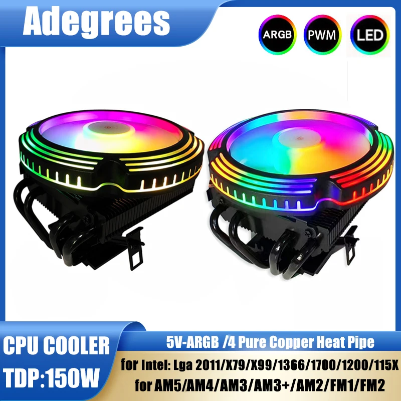 Enfriador de aire ARGB para CPU, 4 pines PWM, 4 tubos de calor, universal para Intel LGA 775 1366 1150 1151 1155 1156 1700 2011 X79 X99 AMD AM3 AM4 AM5
