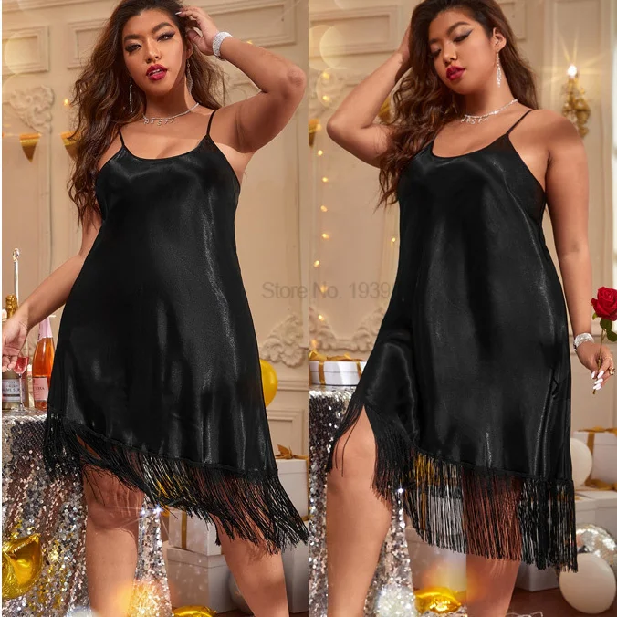 Large Size 3XL-5XL Nightgown With Tassel Black Lady Sleepdress Spaghetti Strap Nightwear Sexy Chemise Sleepwear Satin Lingerie