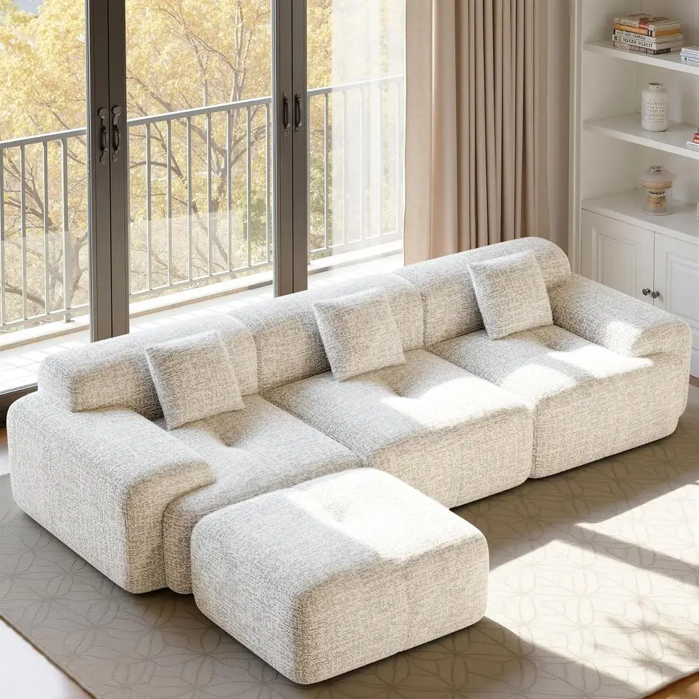 

122 L-Shaped Convertible Sectional Sofa with Ottoman, 4-Seater Chenille Couch, No Assembly, Beige, 1-Piece