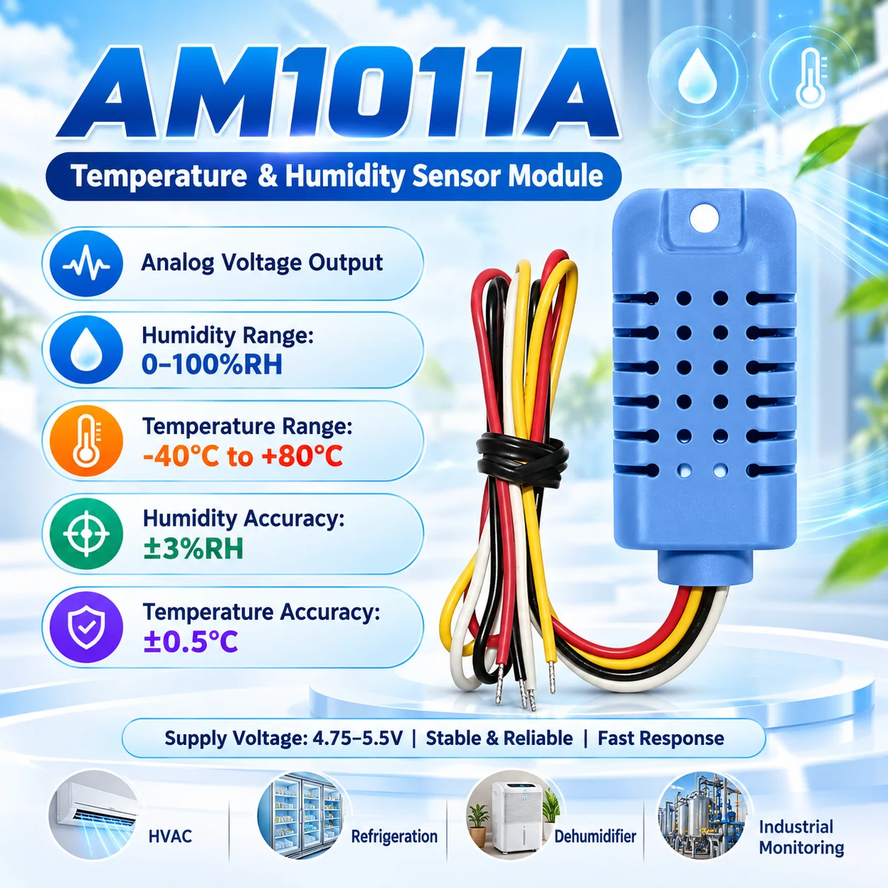 AM1011A Temperature Humidity Sensor Module 4.75-5.25V Analog Output 0-100%RH -40~80°C for HVAC Refrigerator