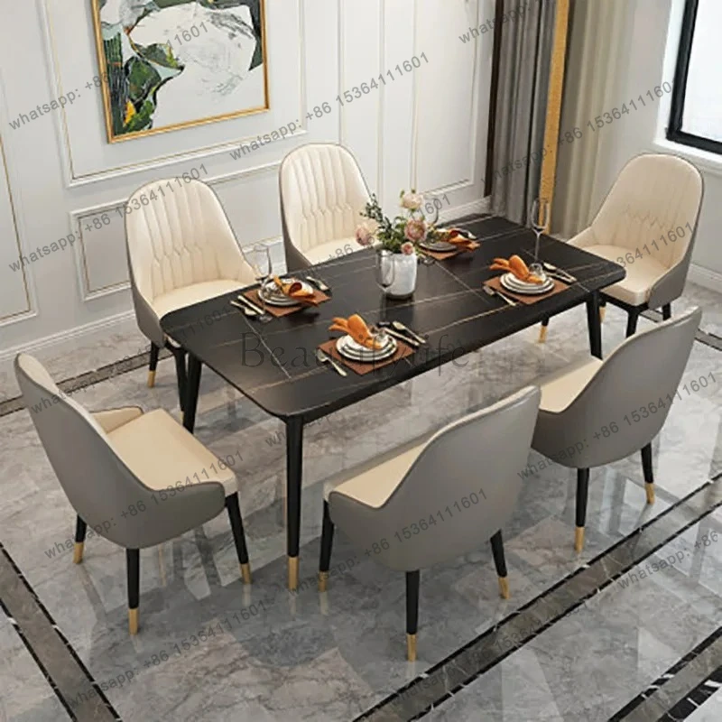 

Nordic light luxury rock slab dining table and chair combination household rectangular hotel leisure negotiation table and chair