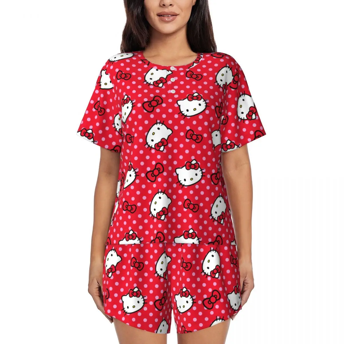 Desenhos animados Anime Pijama Conjunto para Mulheres, Hello Kitty Bow, Pijamas de manga curta, Loungewear, 2 Piece Pjs